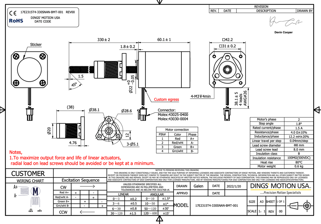 NEMA 17 Stepper Motor 330mm integrated lead-screw