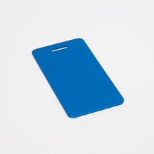 Load image into Gallery viewer, Blue, ready-to-machine anodized aluminum luggage tags for your next CNC project.
