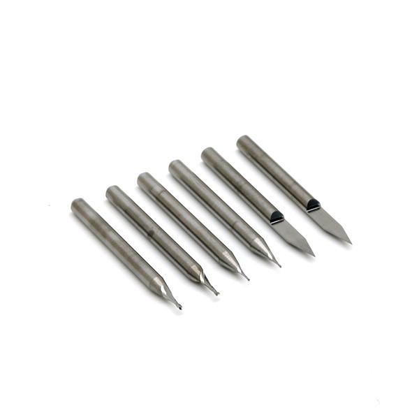 This set of carbide end mills are ideal for machining circuit boards on your Bantam Tools desktop CNC machine.